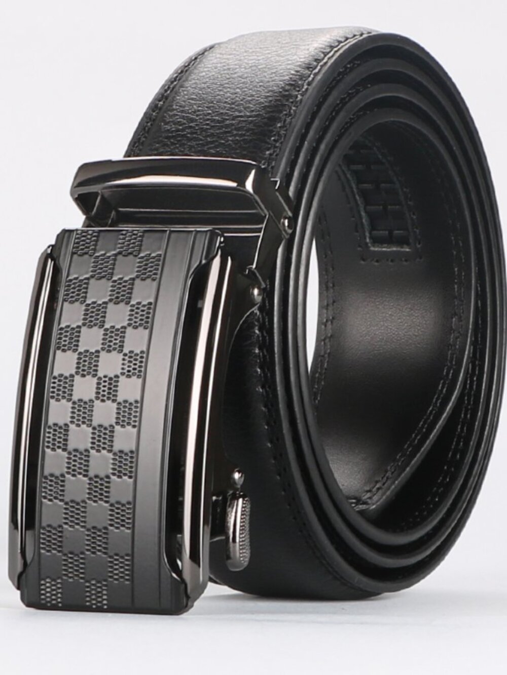 Men's Black Leather Automatic Ratchet Belt - Checkerboard Pattern - 125cm